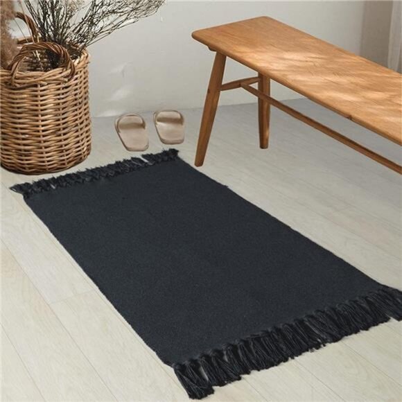 Black Kitchen Rug, Cotton Hand Woven Recycled Throw Rug Runner - Picture 7 of 8